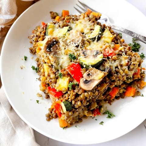A serving of Green Lentil and Vegetable Casserole on a plate with a side salad, ready to enjoy for a wholesome vegetarian dinner.  