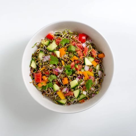 Freshly prepared Sprouted Seed Salad topped with grated carrots, red onion, and cilantro, showcasing a crunchy, nutrient-dense vegan side dish perfect for a healthy meal.