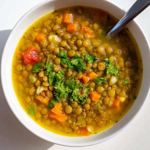 A warm bowl of Mung Bean Soup garnished with fresh cilantro and a lemon wedge, its golden broth simmering with carrots and spices for a comforting vegan meal.