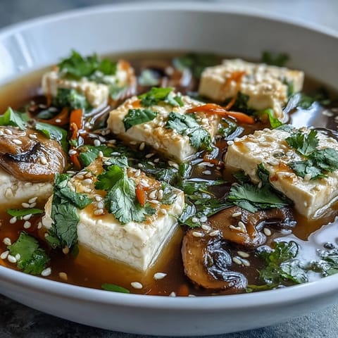 Light and healthy Tofu and Vegetable Soup garnished with cilantro and lime.