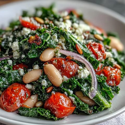 Creamy white bean and kale salad with bright lemon-garlic dressing, ready to serve.