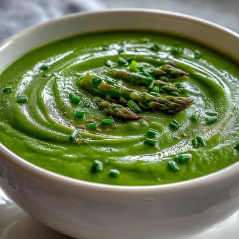 A bowl of Asparagus Soup topped with lemon zest and chives on a wooden table.