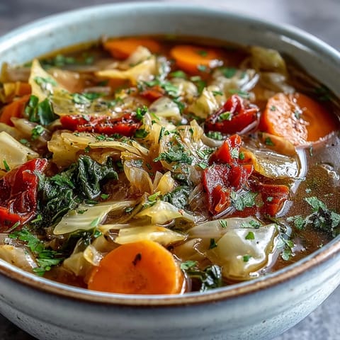 Hearty bowl of Cabbage Soup with tender green cabbage, carrots, and celery in a savory broth.