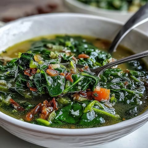 A bowl of homemade Swiss Chard Soup with tender green leaves and diced carrots in a savory broth.