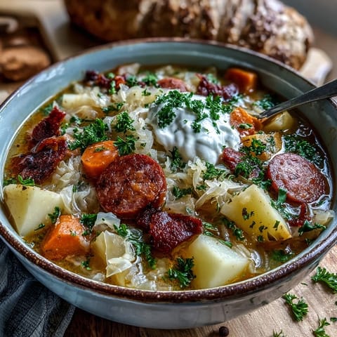 Steaming bowl of homemade Sauerkraut Soup with fresh parsley garnish and a dollop of sour cream.