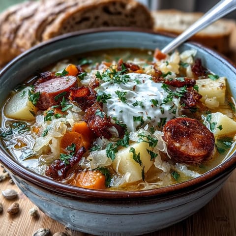 Smoked kielbasa and sauerkraut simmering in a pot for a hearty Sauerkraut Soup.