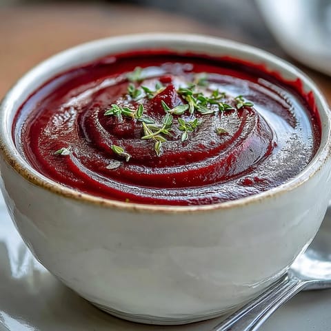 Creamy roasted beet soup served hot in a rustic bowl with a thyme garnish.