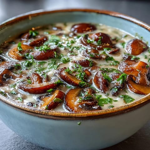 Steaming homemade Mushroom Soup with creamy texture and fresh parsley garnish.