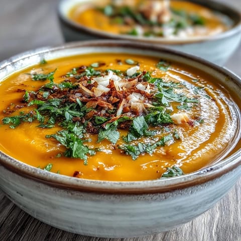 Velvety Carrot and Coconut Soup served warm in a rustic bowl, garnished with cilantro and toasted flakes.