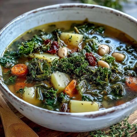 Hearty Kale Soup simmering with root vegetables in a rustic pot, ready to serve with crusty bread.