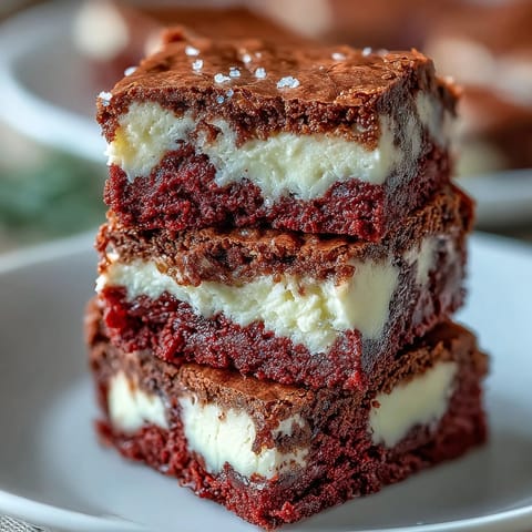 A fork lifts a gooey square of Red Velvet Cheesecake Brownies revealing the creamy white and rich cocoa layers.