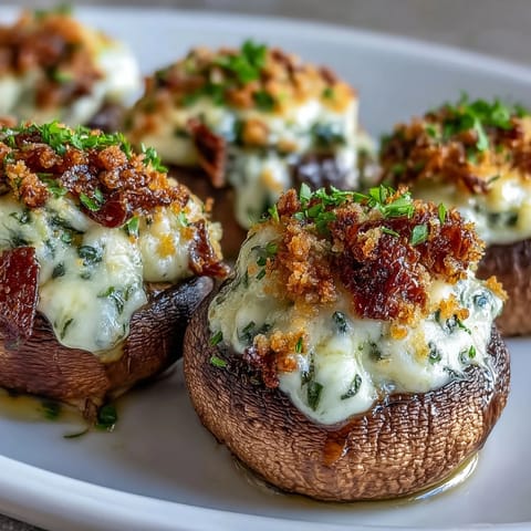Freshly baked Stuffed Asiago-Basil Mushrooms served warm on a tray, perfect for easy entertaining.