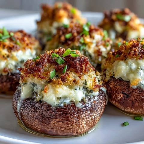 Golden-baked Stuffed Asiago-Basil Mushrooms with bubbly cheese and fresh herbs on a rustic platter.