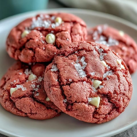 Freshly baked Pink Velvet Cookies with white chocolate chips on a cooling rack, soft and slightly crinkly.