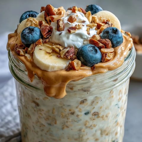 In a glass jar, creamy High-Protein Peanut Butter Overnight Oats are layered with banana slices and a peanut butter drizzle.
