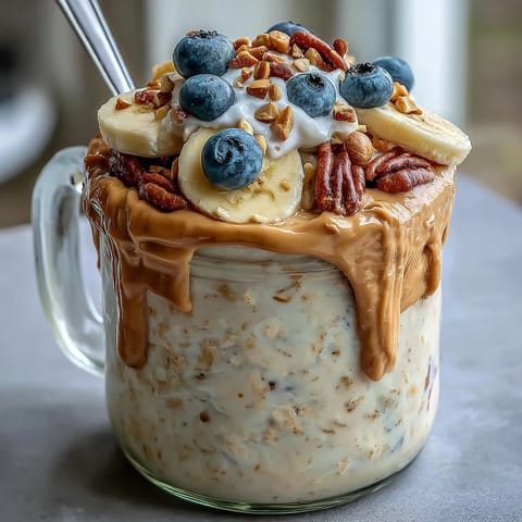 Morning sunlight highlights the thick texture of these High-Protein Peanut Butter Overnight Oats topped with fresh berries and nuts.