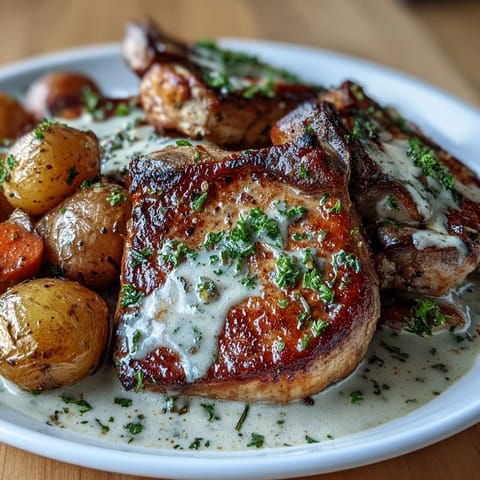 Tender Crockpot Ranch Pork Chops swimming in velvety ranch sauce alongside baby potatoes and carrots in the slow cooker.