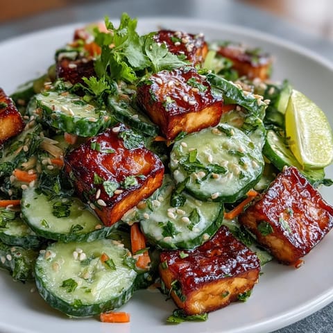 A close-up of the Creamy Asian Cucumber Salad with Crispy Tofu, featuring a creamy sesame-ginger dressing coating fresh vegetables.