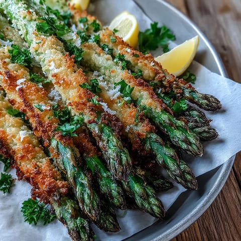 Golden-baked Crispy Asparagus Asiago Spears with lemon wedges on a plate.