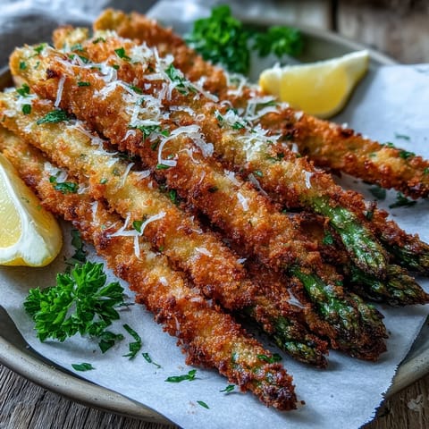 Crispy Asparagus Asiago Spears served with lemon wedges and fresh parsley garnish.