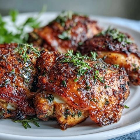 Crispy Baked Bone-In Chicken Thighs with golden crackling skin served on a wire rack for extra crispiness.