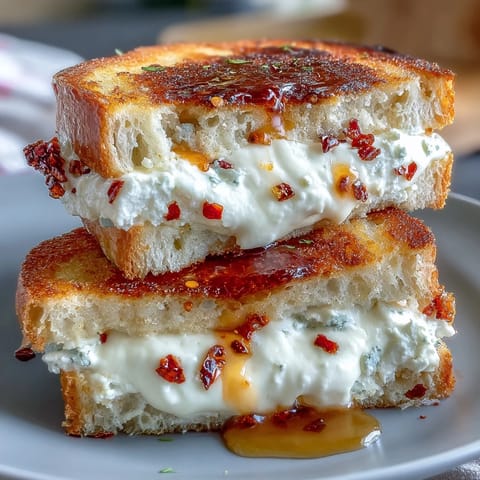 Golden, crisp sourdough halves reveal a creamy blend of goat cheese and cream cheese, drizzled with honey and sprinkled with chili flakes.