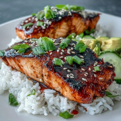 A vibrant Honey Sriracha Salmon Bowl garnished with green onions and sesame seeds, drizzled with spicy mayo.  
