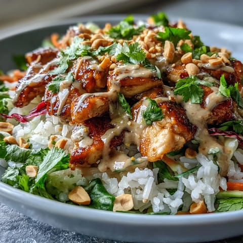 Fragrant coconut rice and sautéed chicken topped with crisp red cabbage and carrots, drizzled with creamy Thai-inspired peanut sauce.