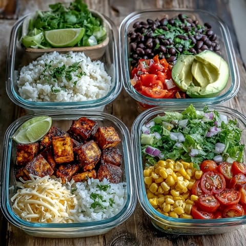 Layered burrito bowl ingredients stored separately in glass containers, featuring creamy avocado slices, shredded cheese, fresh pico de gallo, and a lime wedge for garnish.
