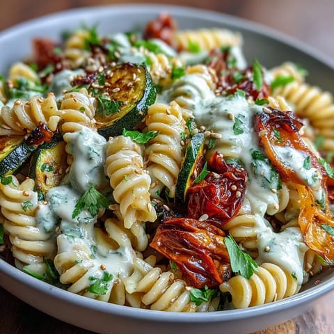 A vibrant bowl of chickpea pasta loaded with colorful roasted vegetables and a drizzle of rich, garlicky tahini sauce.