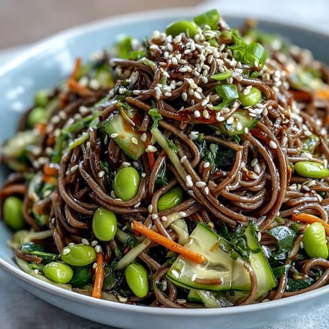 Cool soba noodles tossed with crisp cucumber, carrots, and edamame, drizzled with savory sesame dressing in a bowl.