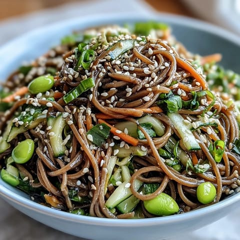 A vibrant Soba Noodle Bowl topped with toasted sesame seeds and fresh cilantro, served as a light vegetarian lunch.