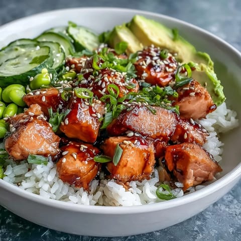 Fluffy jasmine rice topped with marinated baked salmon, crisp cucumber slices, and creamy avocado for a vibrant bowl.