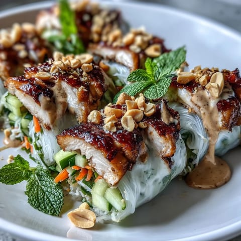 Freshly softened rice paper shards, crunchy carrots, cucumber, and grilled chicken are arranged in a bowl with a generous drizzle of peanut sauce.