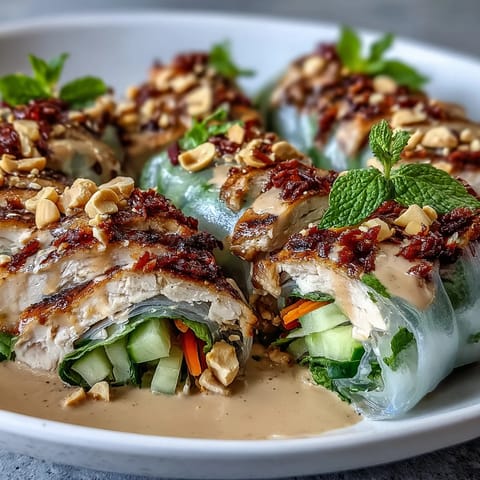 Colorful Rice Paper Roll Bowl topped with fresh mint and cilantro, served with lime wedges on a bright kitchen counter.