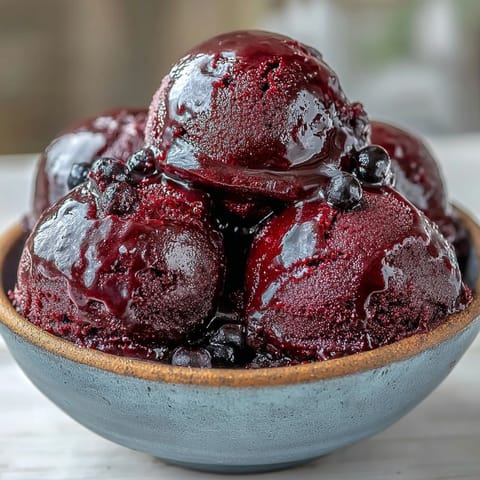 A chilled scoop of homemade Black Currant Sorbet served in a rustic white bowl, highlighting the deep purple hue and refreshing texture.