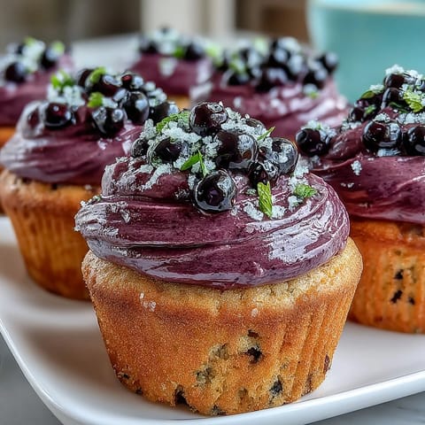 Twelve Olive Oil Cupcakes with Black Currant Frosting are arranged on a white ceramic platter, showcasing their moist crumb and rich purple swirls.