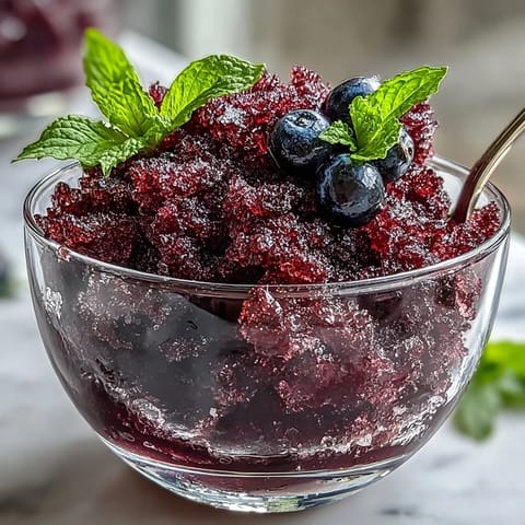 Shaved Black Currant Granita served in a chilled glass with fresh mint and a spoon.