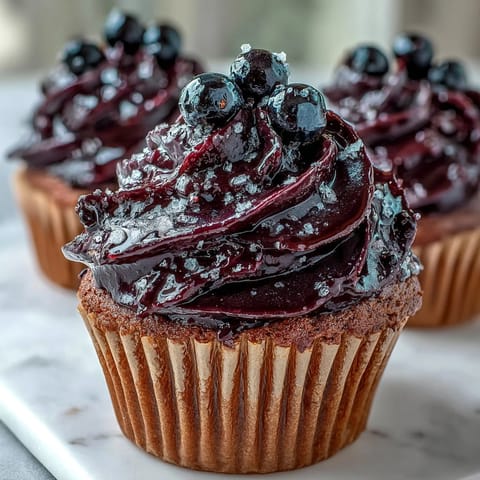 Velvety Black Currant Frosting piped onto cupcakes, garnished with fresh currants for a tangy-sweet topping.