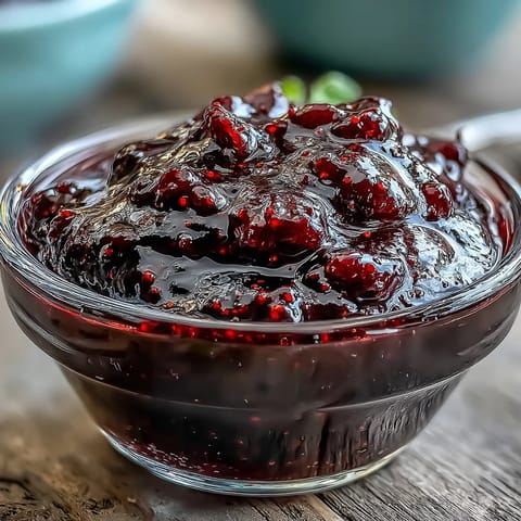 Black Currant Reduction sauce simmering in a pan with red wine, fresh thyme, and bay leaf for aromatic depth.