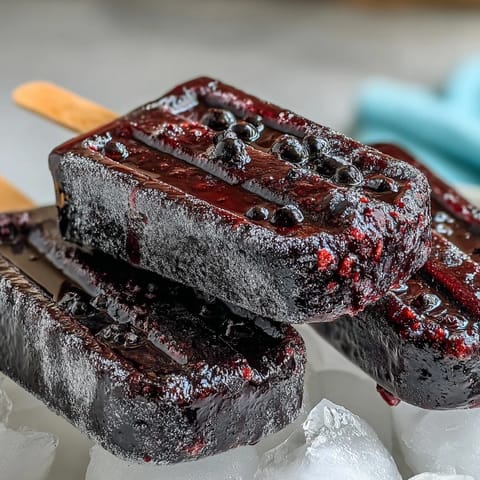 Homemade Black Currant Popsicles with vibrant purple hue and fresh fruit chunks, resting on a chilled plate for a refreshing vegan summer dessert.