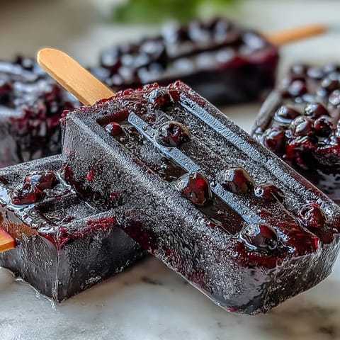 Quick and easy Black Currant Popsicles made from sweetened juice, perfectly frozen on popsicle sticks for a tangy, gluten-free sweet treat in the sun.
