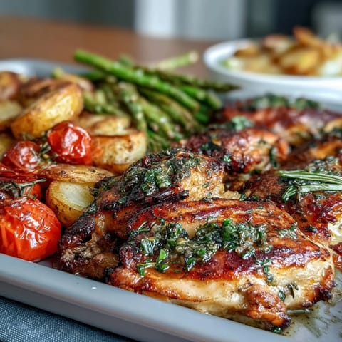 Healthy easy sheet pan chicken with spring veggies, bursting with fresh flavors and colorful seasonal produce.  