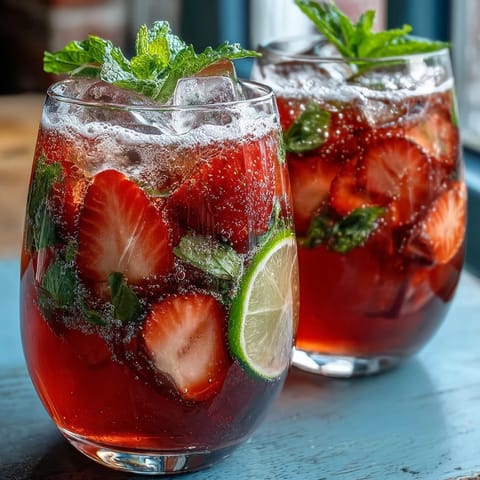 Vibrant strawberry lemon sparkling mocktail with fresh fruit slices and mint garnish, perfect for spring celebrations and non-alcoholic gatherings.