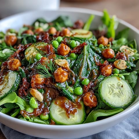 Crisp spring green salad with honey mustard dressing and toasted almonds, packed with fresh veggies and herbs for a light, healthy meal.