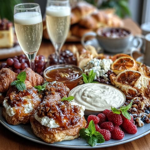 Vibrant Mothers Day brunch board with assorted pastries, fresh berries, and sparkling mimosas for a festive celebration.