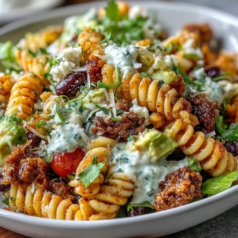 Colorful Easy Taco Pasta Salad with cherry tomatoes, black beans, and creamy taco dressing, perfect for summer potlucks.  