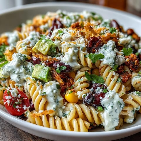 Creamy Easy Taco Pasta Salad loaded with cheddar cheese, avocado, and fresh cilantro, served chilled for easy entertaining.  