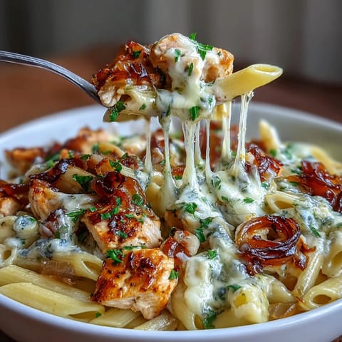 One-Pot French Onion Chicken Pasta with golden caramelized onions and melted Gruyère cheese, served steaming from the skillet.
