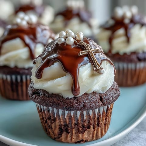 Adorable mini vanilla cupcakes with buttercream frosting and fondant rosary toppers, ideal for First Communion celebrations.